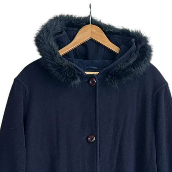 Vintage Eaton’s Utex Wool Cashmere Navy Blue Long Coat Fur Hood Lined Sz 14 - Picture 3 of 7